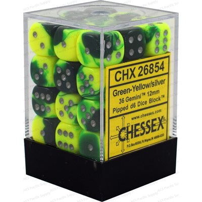 Chessex: 36D6 - Gemini Green-Yelow/Silver