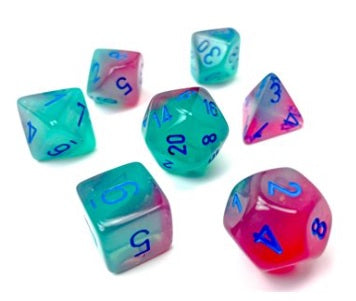 Chessex: 7 Dice Set - Gemini Gel Green-Pink/ Blue Luminary
