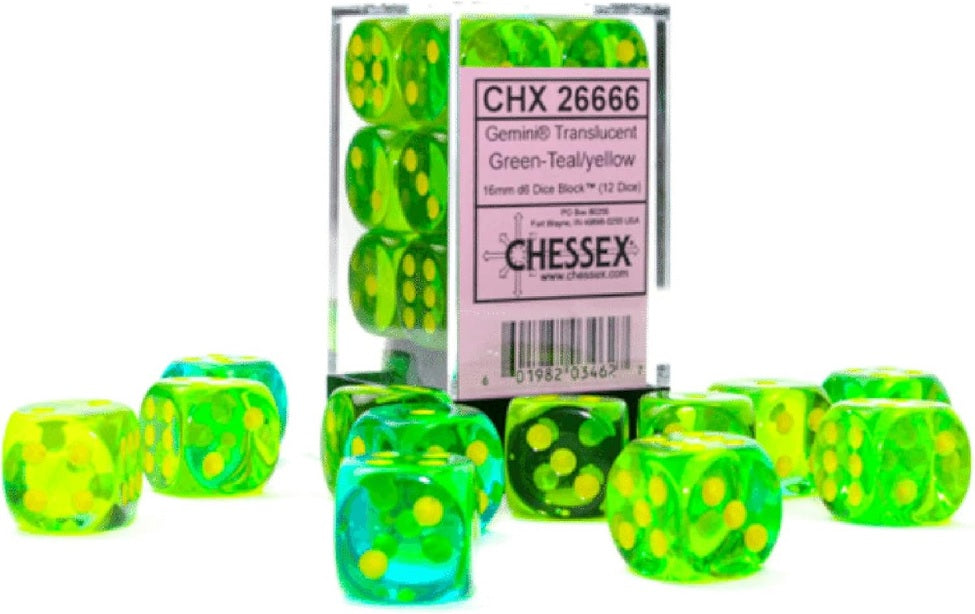 Chessex: 12D6 - Gemini Translucent Green-Teal/Yellow