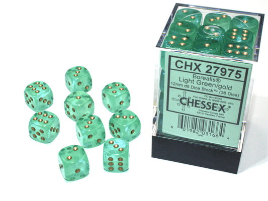 Chessex: 36D6 - Borealis Light Green/Gold