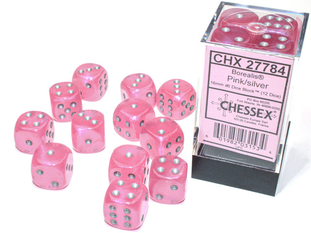 Chessex: 12D6 - Borealis Pink/Silver Luminary